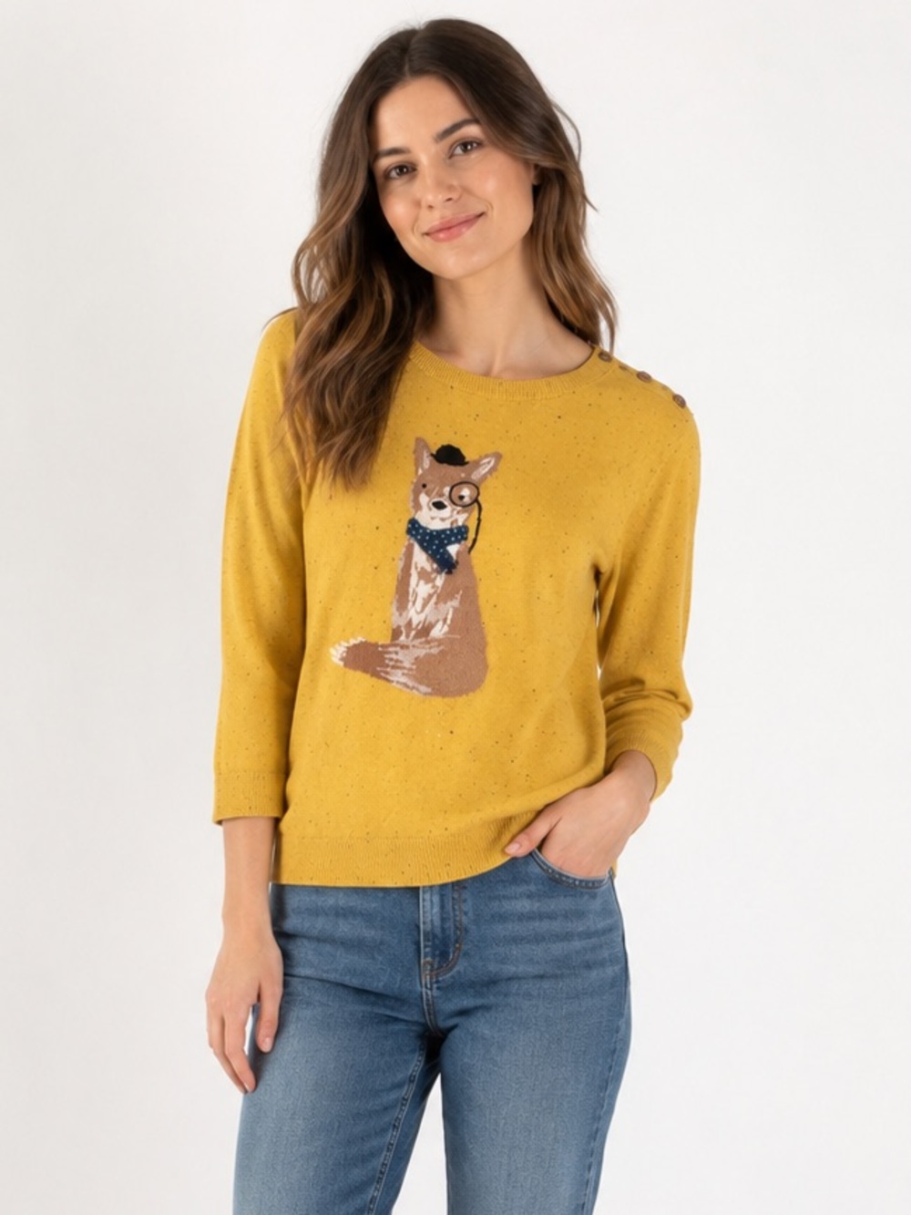 Talbots Mustard Yellow Fox Sweater Size Medium Animal Intarsia Button Shoulder